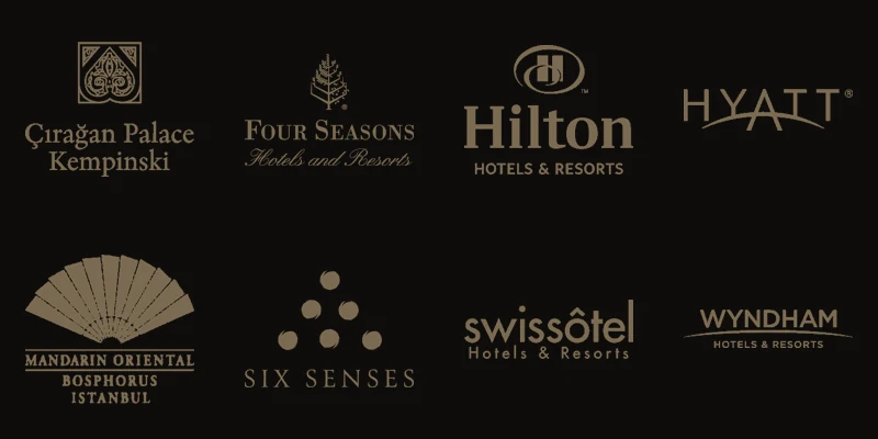 Referans otellerin logoları — Çırağan, Four Seasons, Hilton, Mandarin Oriental ve daha fazlası