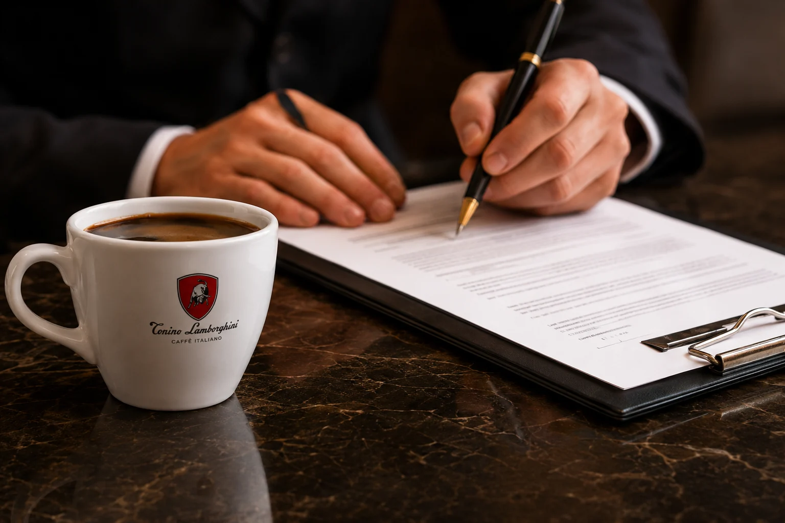 Tonino Lamborghini espresso fincanı ve B2B sözleşme imzalama anı