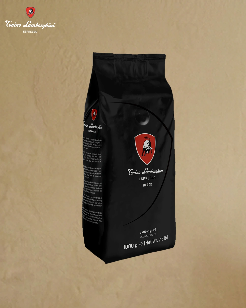 Tonino Lamborghini Black Espresso çekirdek 1 kg — üç çeyrek açı